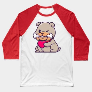 Cute Bulldog Bite Bone And Holding Heart Cartoon Baseball T-Shirt